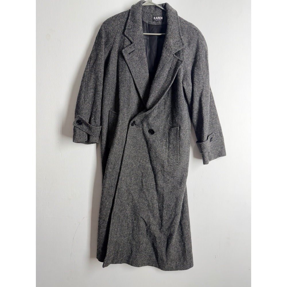 Vintage Karen Made in USA Herringbone Wool Blend Long Coat Grey Black Overcoat
